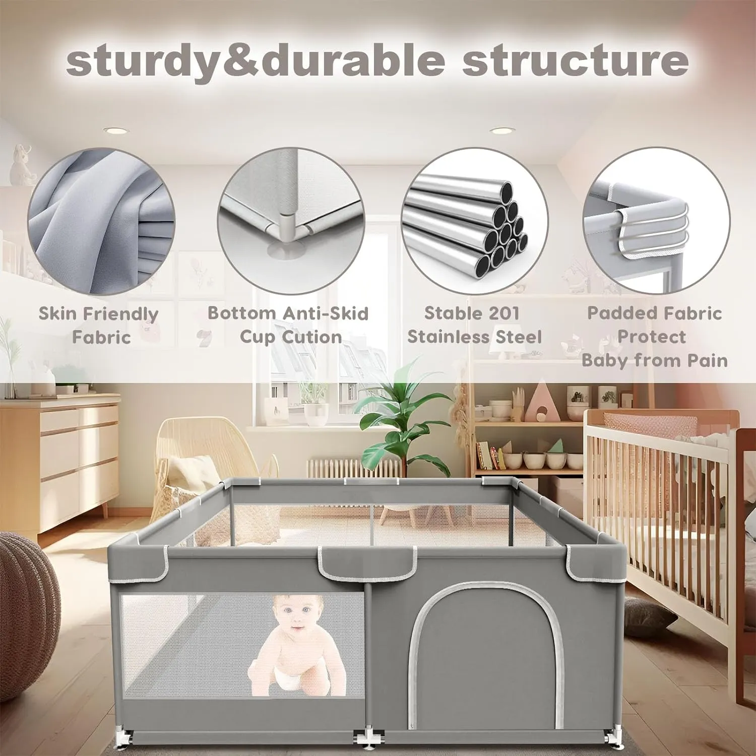 Baby Playpen, 50 x 50 inch Playard, Travel Pack N Play, Indoor & Outdoor Playpen for Babies and Toddlers, Soft Breathable Mesh, Grey