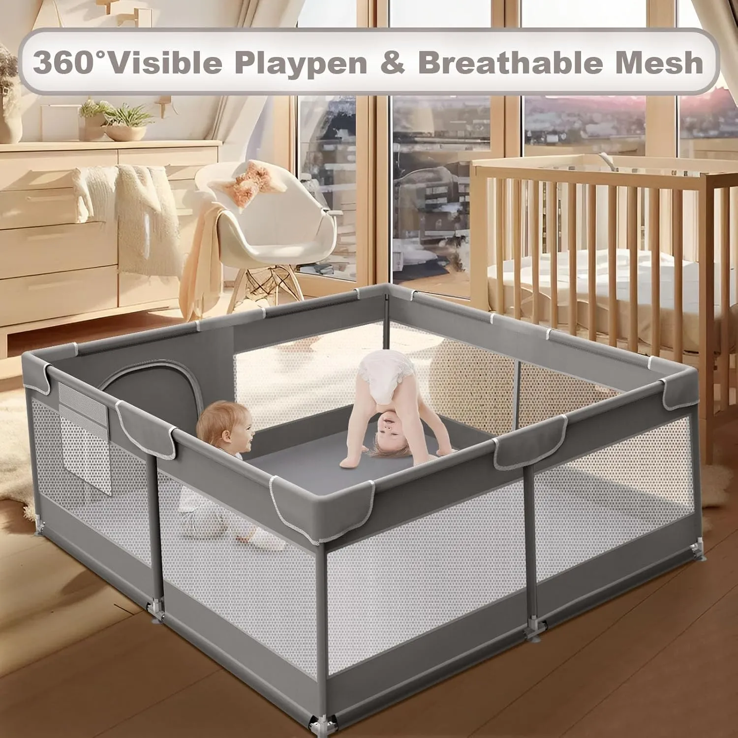 Baby Playpen, 50 x 50 inch Playard, Travel Pack N Play, Indoor & Outdoor Playpen for Babies and Toddlers, Soft Breathable Mesh, Grey