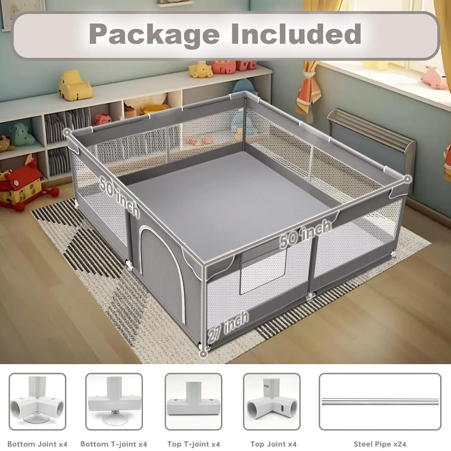 Baby Playpen, 50 x 50 inch Playard, Travel Pack N Play, Indoor & Outdoor Playpen for Babies and Toddlers, Soft Breathable Mesh, Grey