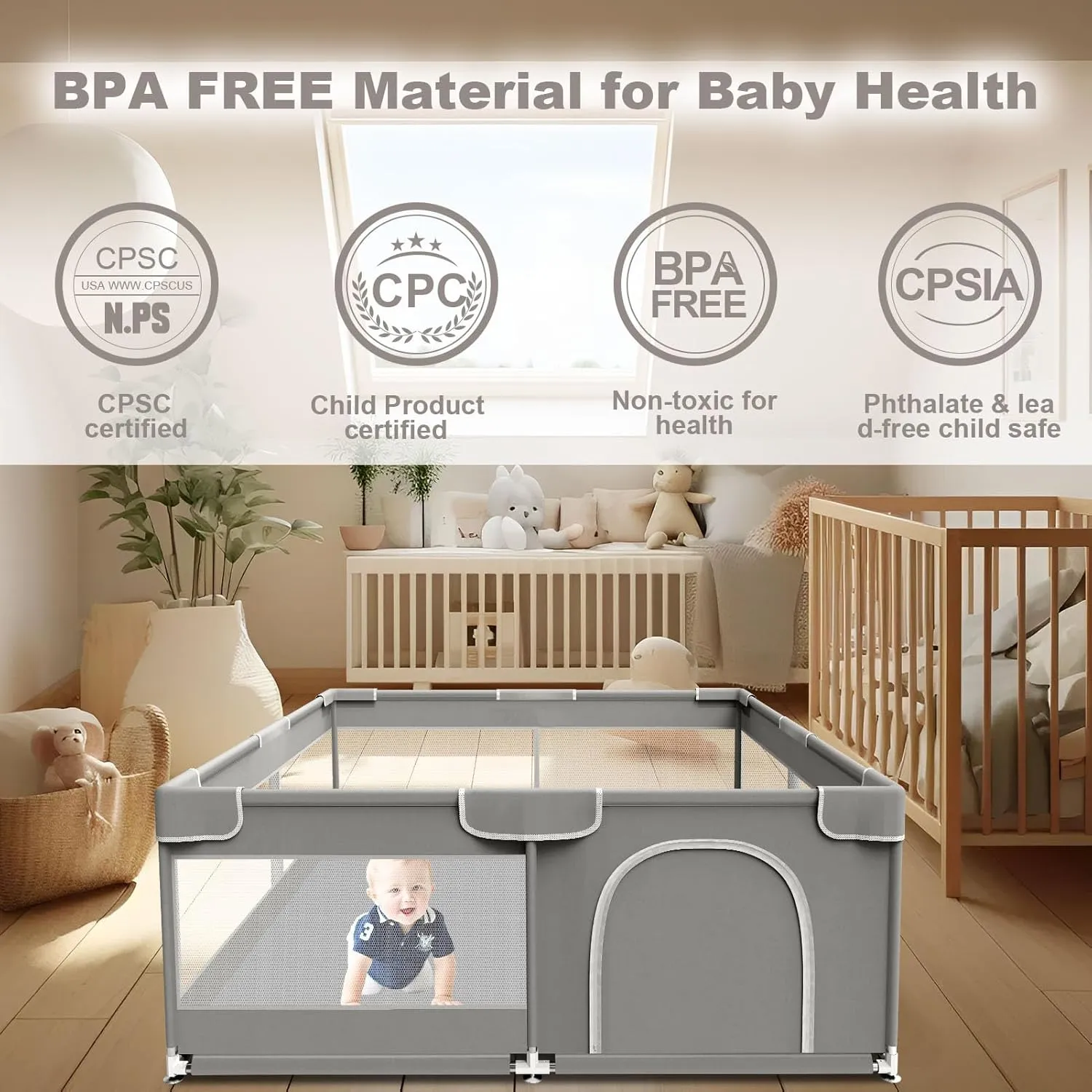 Baby Playpen, 50 x 50 inch Playard, Travel Pack N Play, Indoor & Outdoor Playpen for Babies and Toddlers, Soft Breathable Mesh, Grey