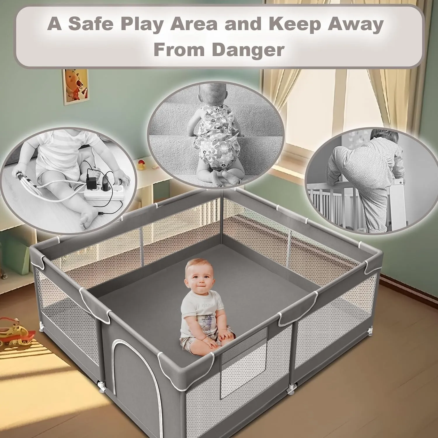 Baby Playpen, 50 x 50 inch Playard, Travel Pack N Play, Indoor & Outdoor Playpen for Babies and Toddlers, Soft Breathable Mesh, Grey