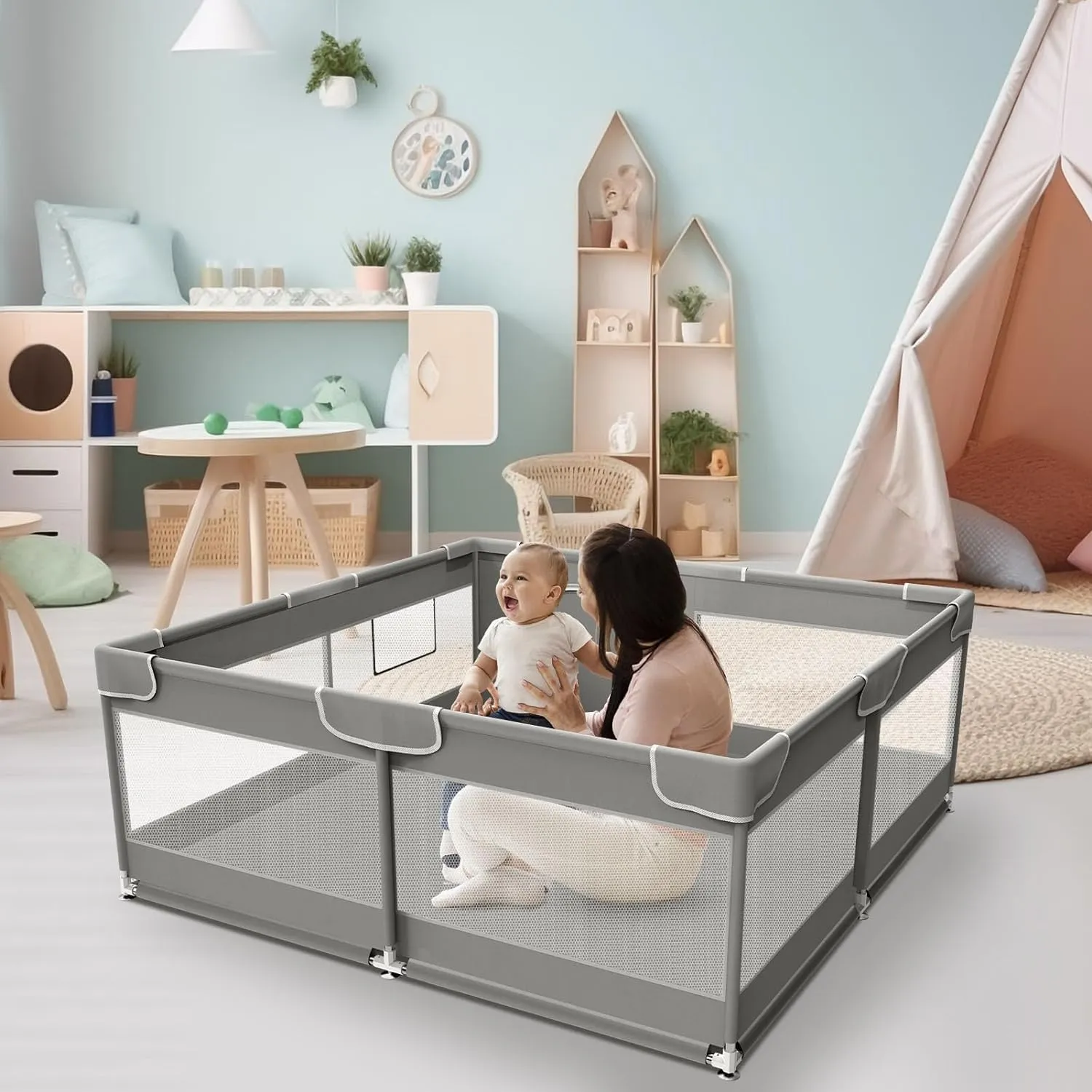 Baby Playpen, 50 x 50 inch Playard, Travel Pack N Play, Indoor & Outdoor Playpen for Babies and Toddlers, Soft Breathable Mesh, Grey