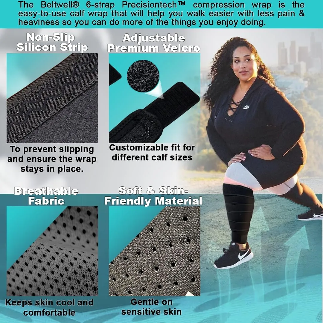 Beltwell® Adjustable Lymphedema Calf Compression Wrap for Swelling, Edema, Lipedema, Circulation, Heaviness, Pain - Easy to put on