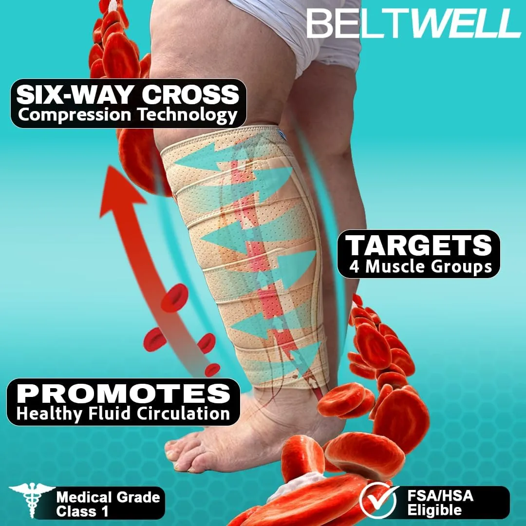 Beltwell® Adjustable Lymphedema Calf Compression Wrap for Swelling, Edema, Lipedema, Circulation, Heaviness, Pain - Easy to put on
