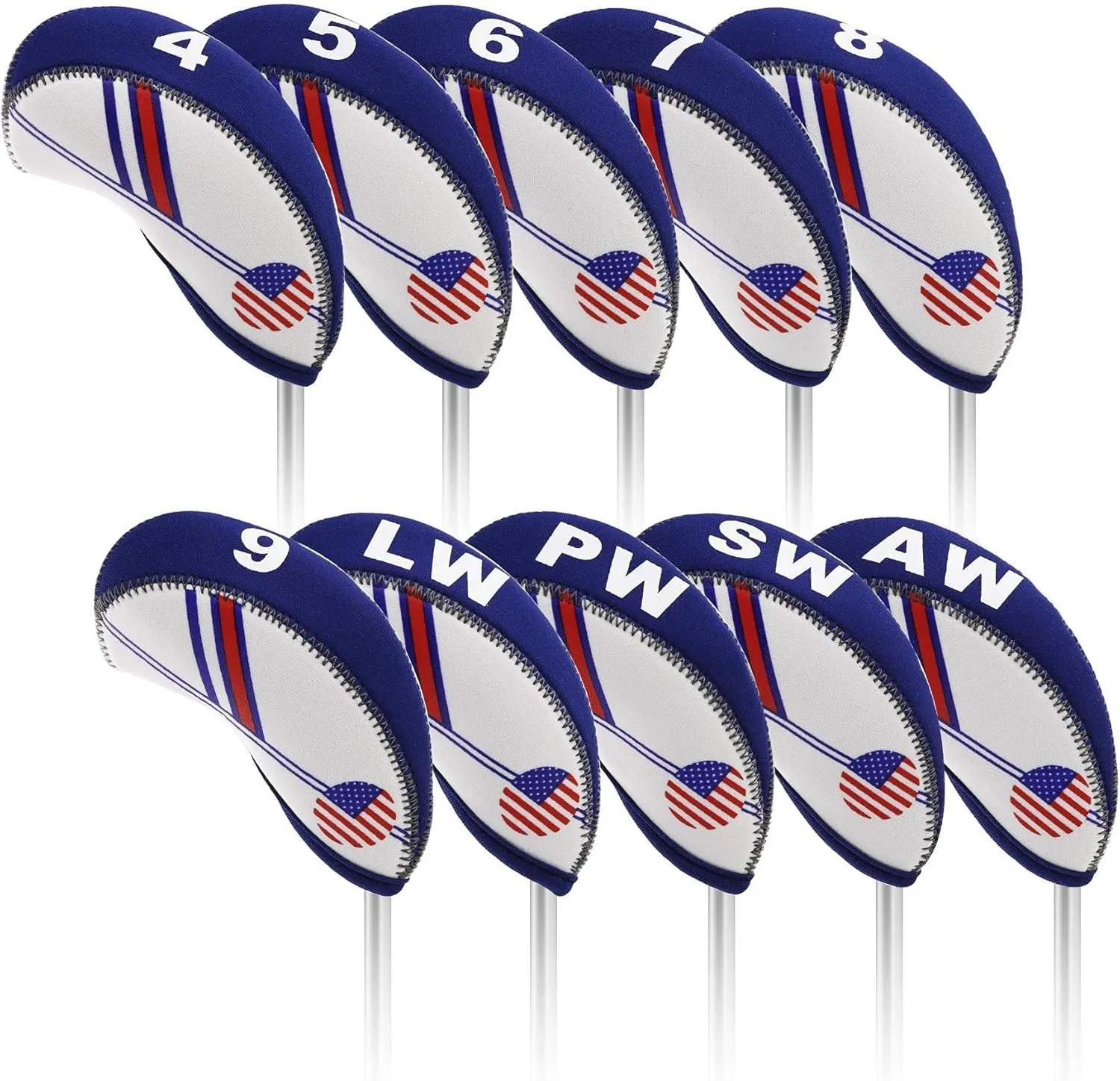 BIG TEETH Golf Iron Head Covers 10Pcs Neoprene USA Flag Golf Club Protector Multi Color Golf Club Protector (Blue)