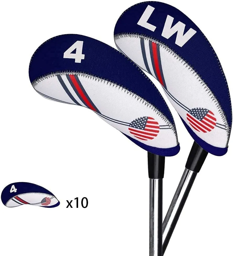 BIG TEETH Golf Iron Head Covers 10Pcs Neoprene USA Flag Golf Club Protector Multi Color Golf Club Protector (Blue)