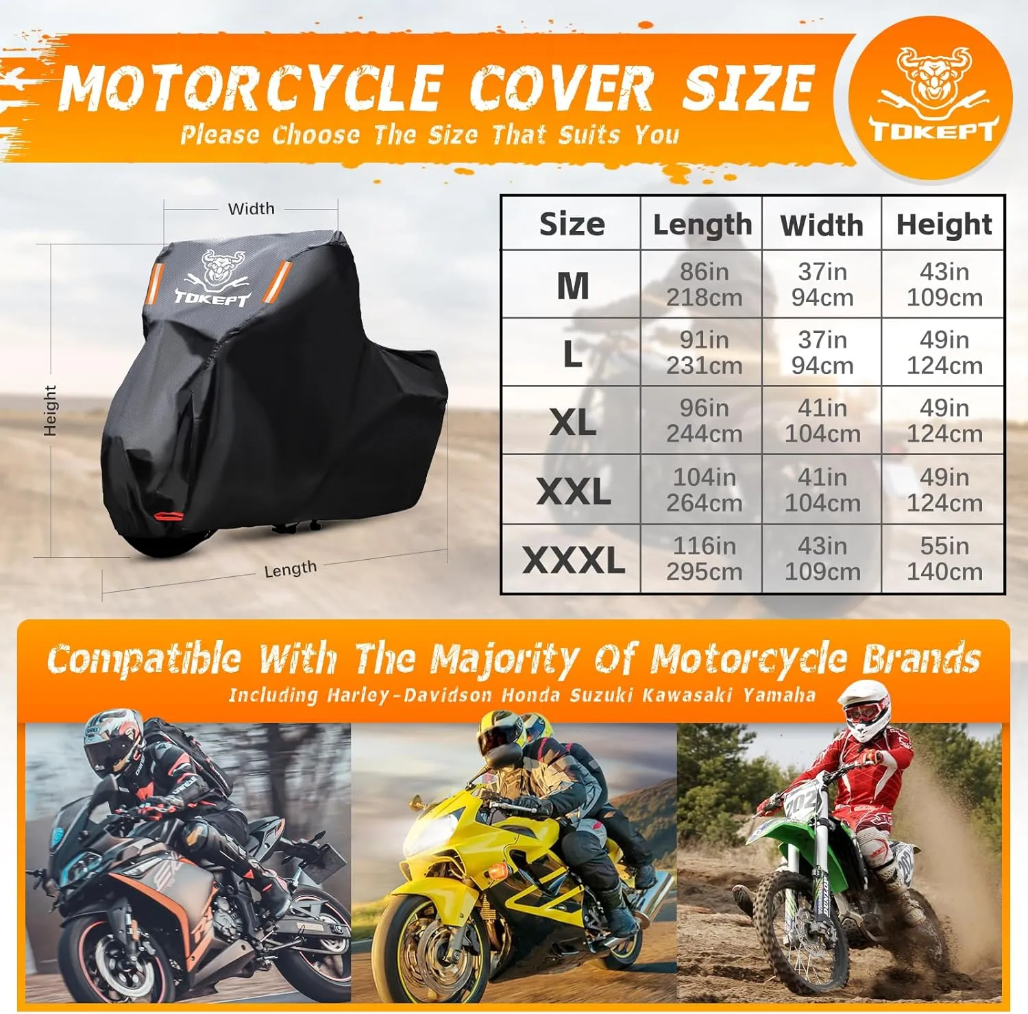 Black Motorcycle Cover, 210D Oxford Fabric All Weather Water Sun Protection, 96 inch Vehicle Cover for Harley Davidson Honda Suzuki Kawasaki Yamaha (XL)