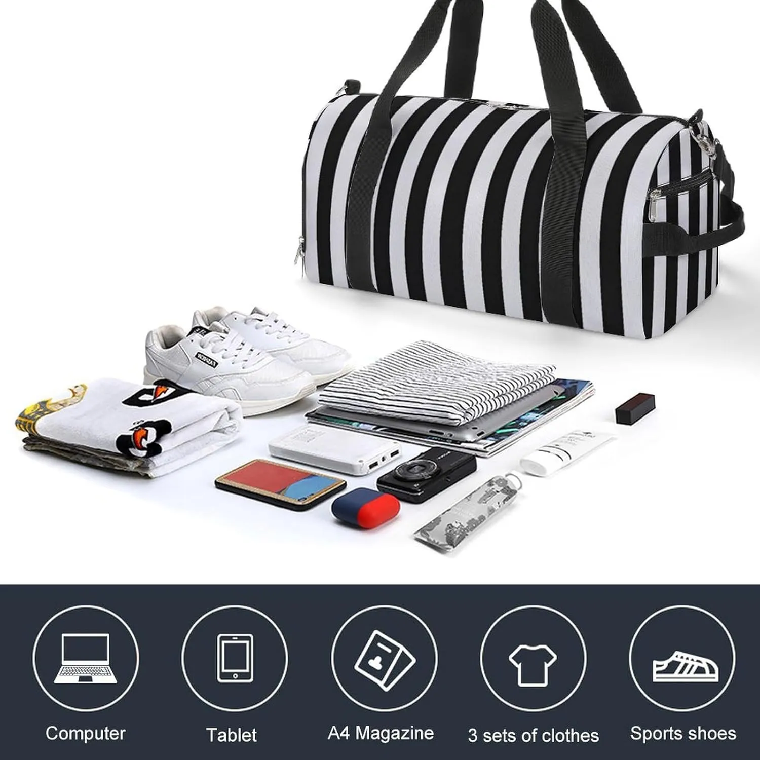 Black White Stripes Travel Duffel Bag for Men Women with Shoe Compartment Waterproof