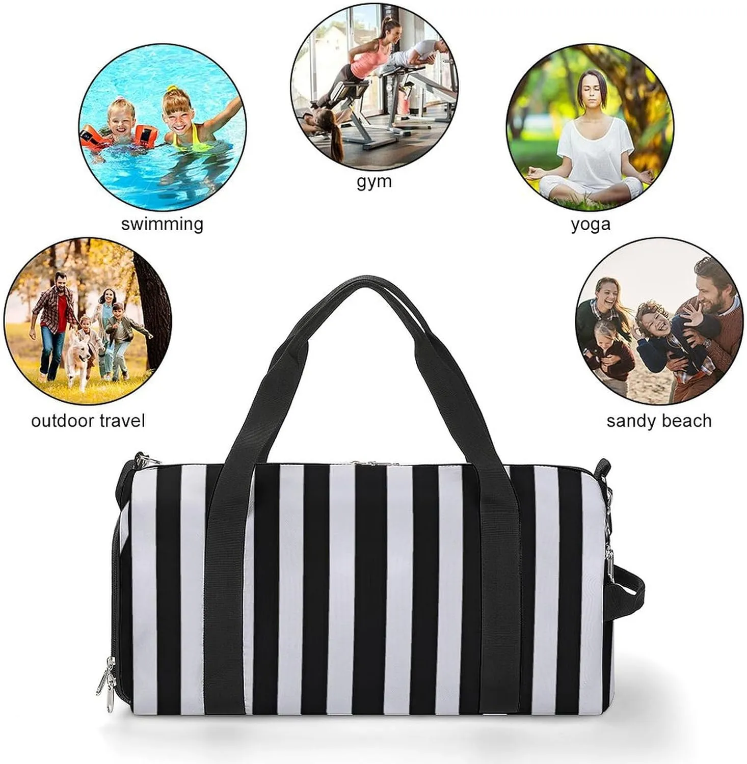 Black White Stripes Travel Duffel Bag for Men Women with Shoe Compartment Waterproof