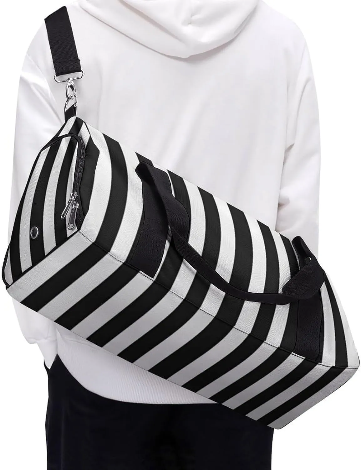 Black White Stripes Travel Duffel Bag for Men Women with Shoe Compartment Waterproof