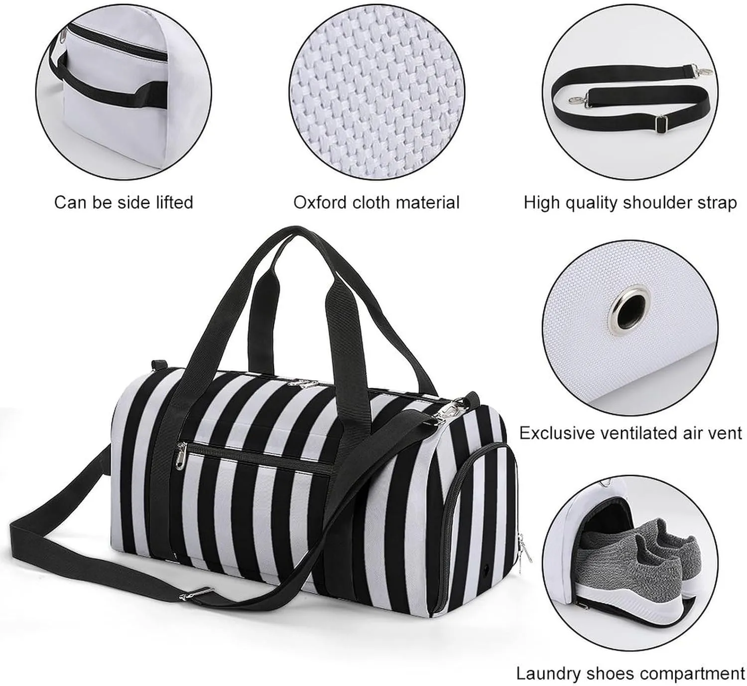 Black White Stripes Travel Duffel Bag for Men Women with Shoe Compartment Waterproof