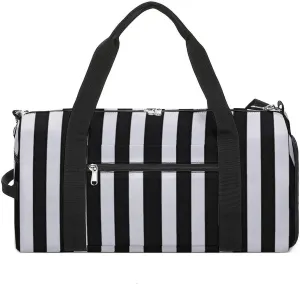 Black White Stripes Travel Duffel Bag for Men Women with Shoe Compartment Waterproof