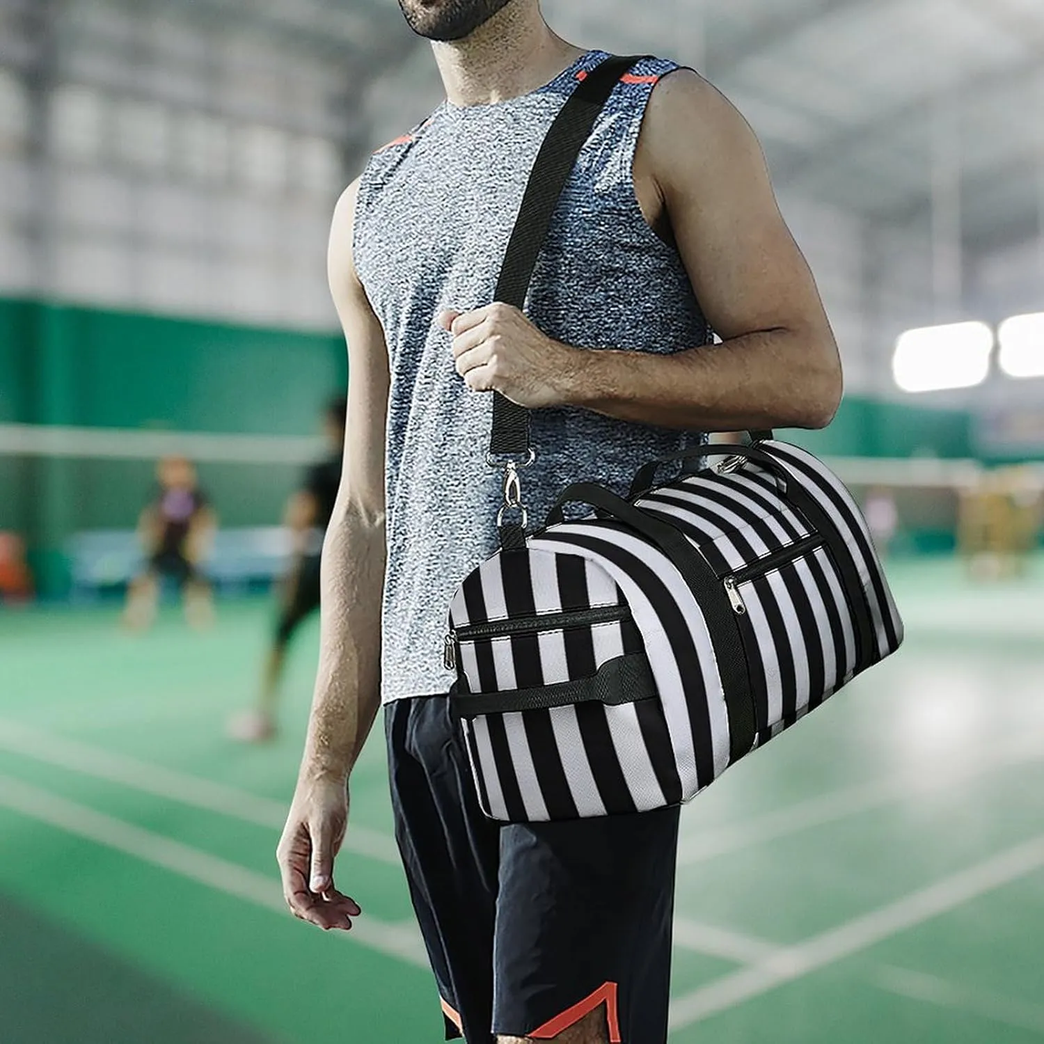 Black White Stripes Travel Duffel Bag for Men Women with Shoe Compartment Waterproof