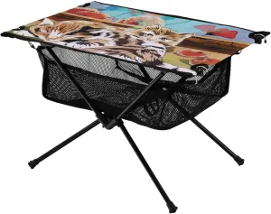 Bolaz Outdoor Folding Portable Picnic Camping Table-Art Tabby Cat Print,Storage Mesh for Camping Gear Accessories, Hiking, Mountaineering, Outdoor Travel