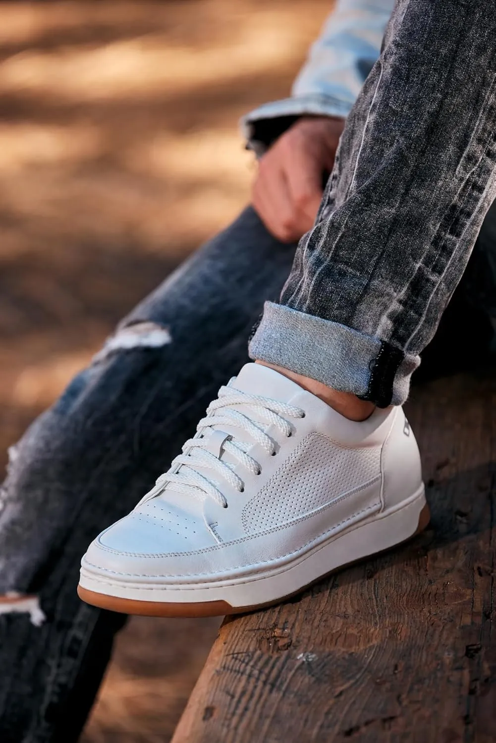 CALTO Men's Invisible Height Increasing Elevator Shoes - White/Off-White & Gum Sole Premium Leather Leather Lace-up Fashion Sneakers - 2.6 Inches Taller - Y7932 - Size 9 D(M) US