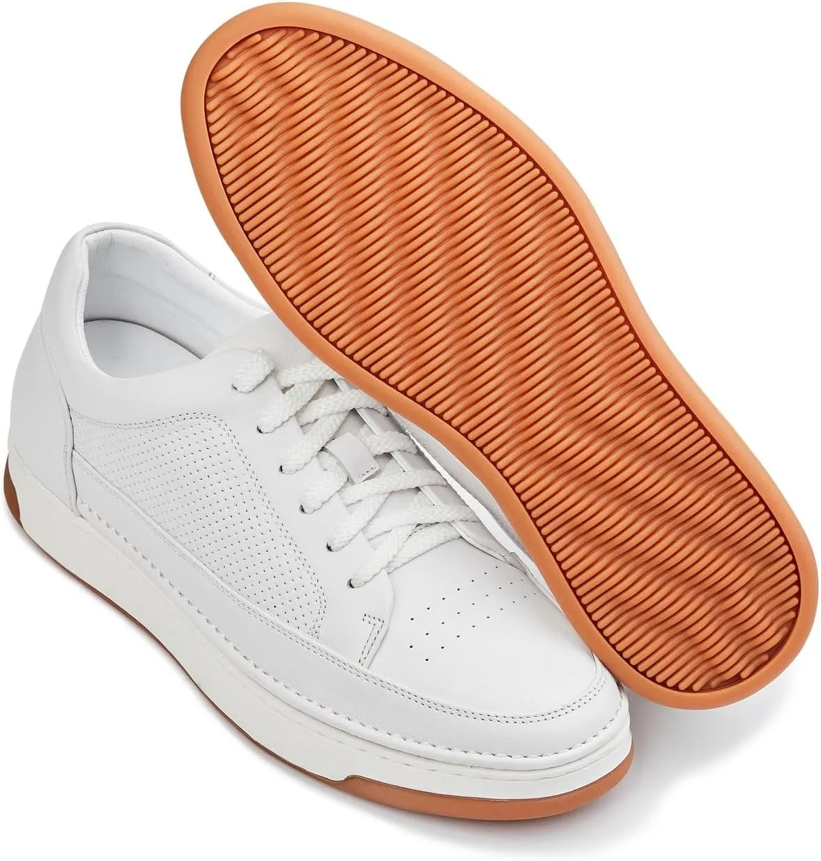 CALTO Men's Invisible Height Increasing Elevator Shoes - White/Off-White & Gum Sole Premium Leather Leather Lace-up Fashion Sneakers - 2.6 Inches Taller - Y7932 - Size 9 D(M) US