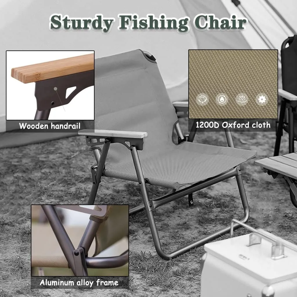 Camping Chair Camping Chair Lightweight Aluminum Alloy Outdoor Folding Chair, Compact Beach Lounge Chair, Ergonomic Fishing Chair with Wooden Armrests, with Hand Strap