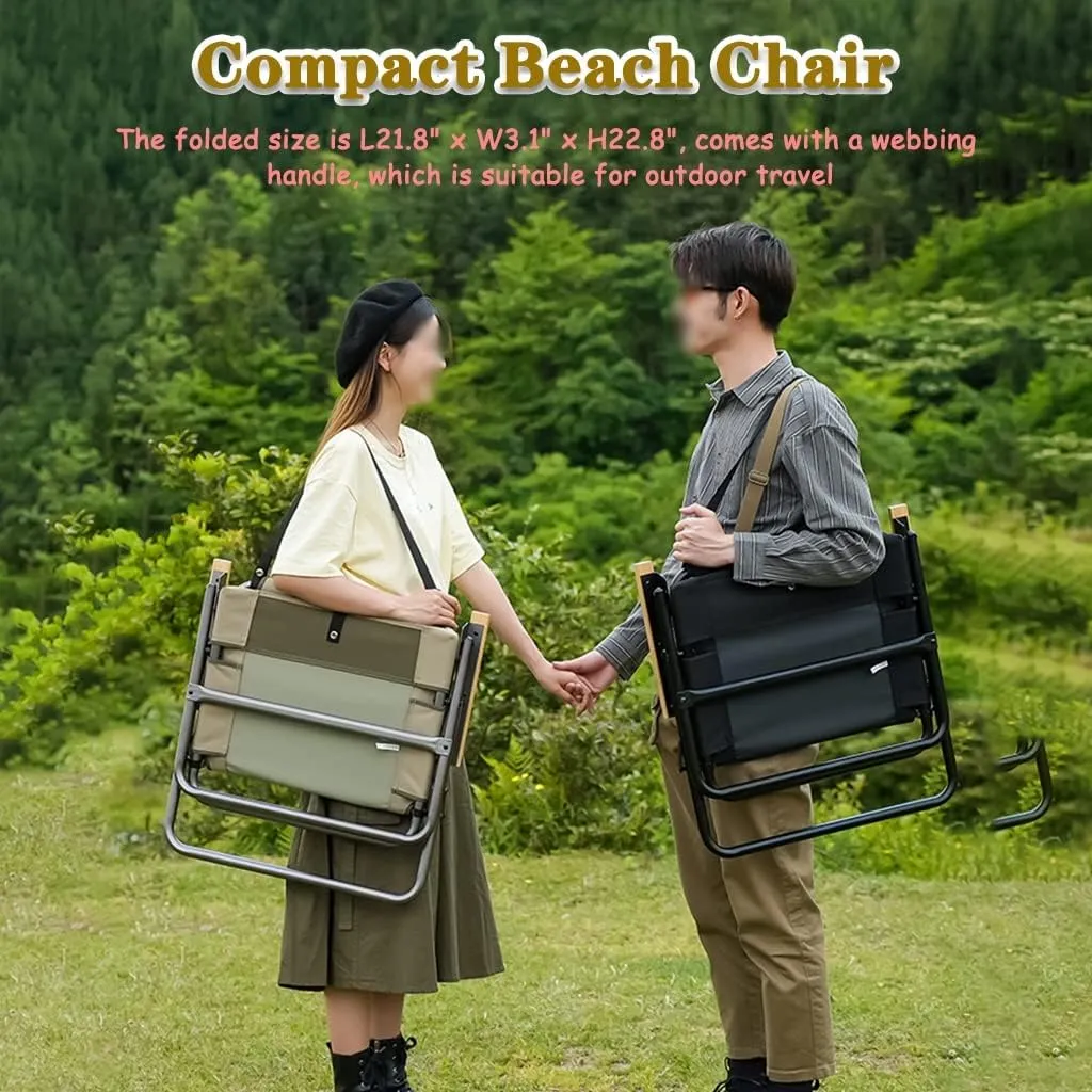 Camping Chair Camping Chair Lightweight Aluminum Alloy Outdoor Folding Chair, Compact Beach Lounge Chair, Ergonomic Fishing Chair with Wooden Armrests, with Hand Strap