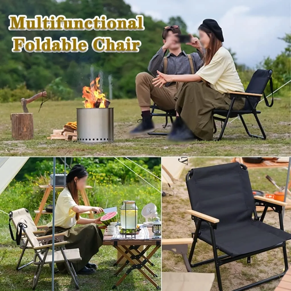 Camping Chair Camping Chair Lightweight Aluminum Alloy Outdoor Folding Chair, Compact Beach Lounge Chair, Ergonomic Fishing Chair with Wooden Armrests, with Hand Strap