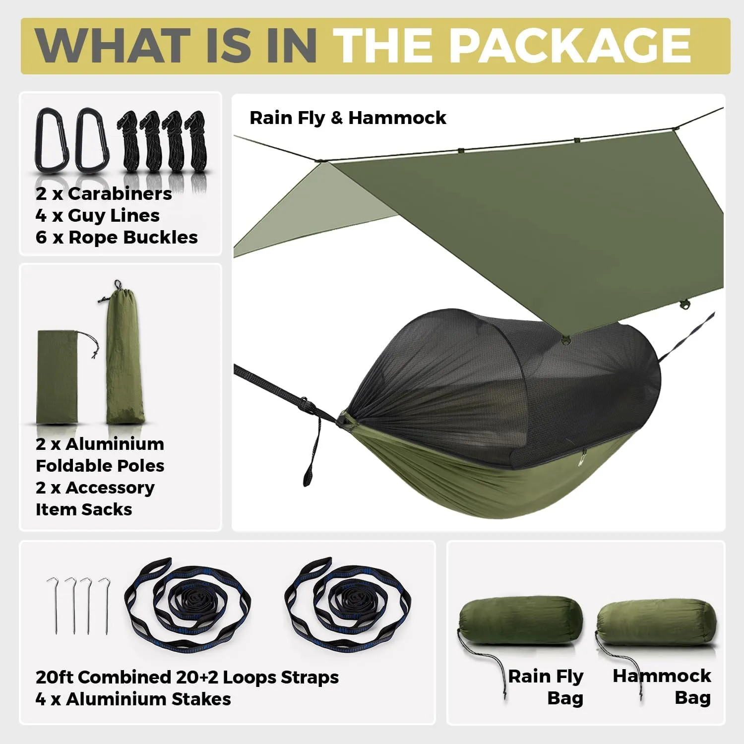 Camping Hammock with Mosquito Net & Rain Fly – Lightweight & Portable Hammock with Waterproof Tarp, Easy Setup for Hiking, Backpacking, and Outdoor Camping