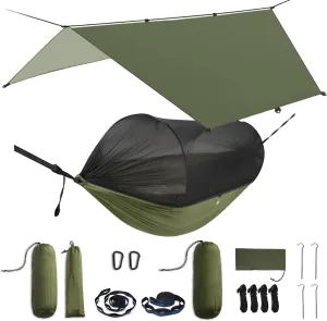 Camping Hammock with Mosquito Net & Rain Fly – Lightweight & Portable Hammock with Waterproof Tarp, Easy Setup for Hiking, Backpacking, and Outdoor Camping