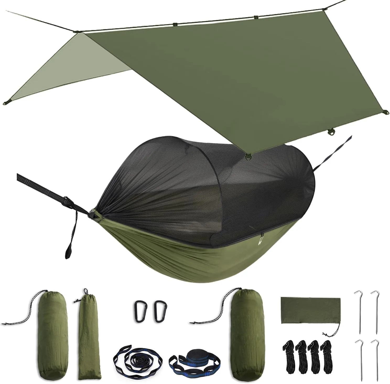 Camping Hammock with Mosquito Net & Rain Fly – Lightweight & Portable Hammock with Waterproof Tarp, Easy Setup for Hiking, Backpacking, and Outdoor Camping