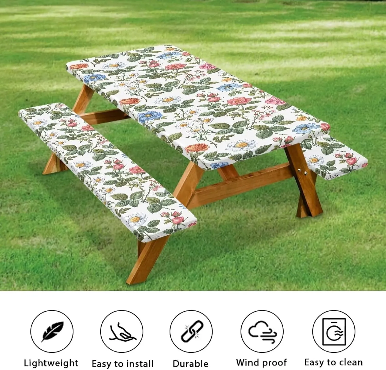 Camping Tablecloth Daisy Rose Aesthetic Soft Waterproof Camping Tablecloth for Picnic Table Elastic Rectangle Picnic Table Covers for Outdoor Camping (72x30 Inch, 3 Pcs)