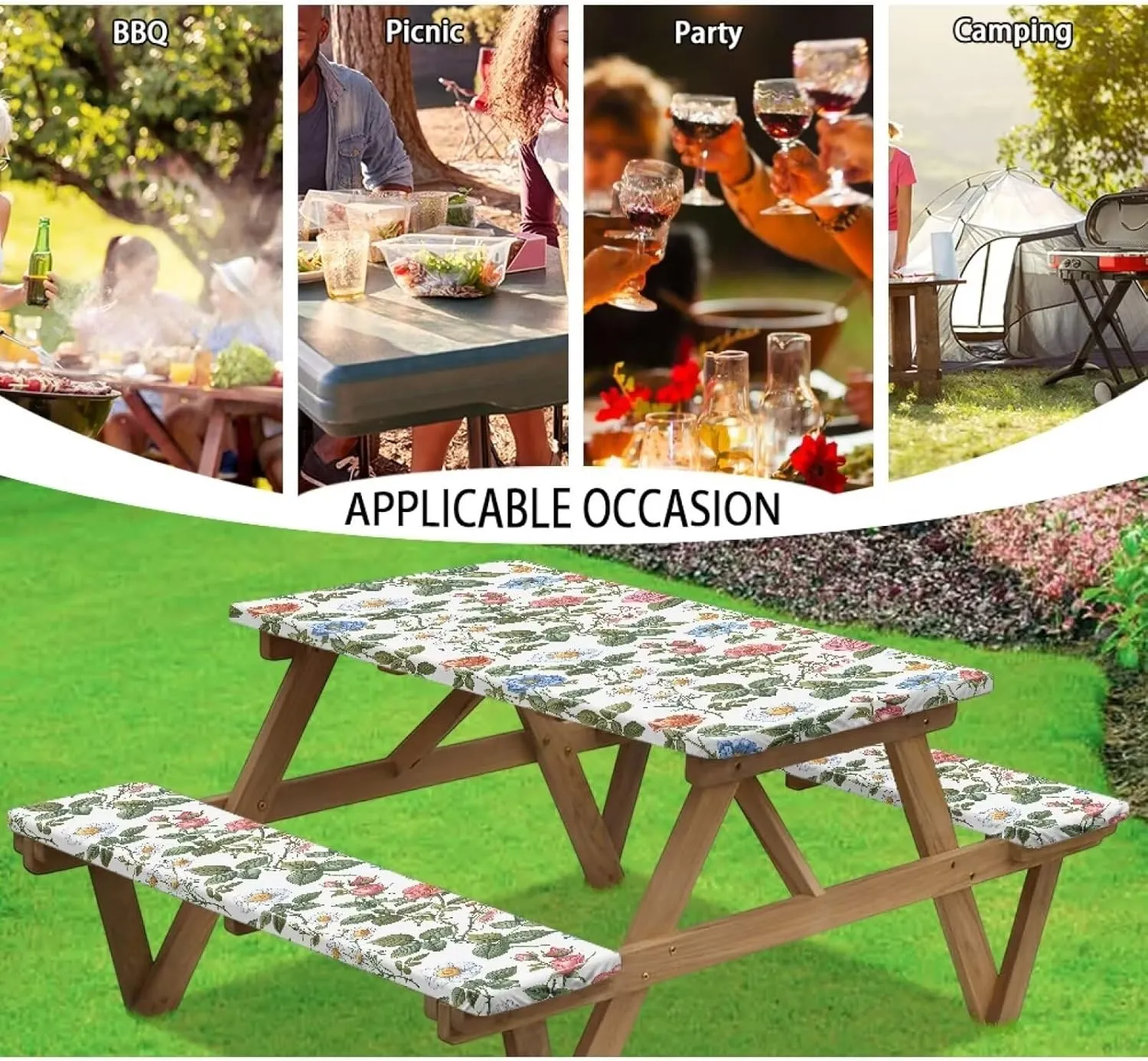 Camping Tablecloth Daisy Rose Aesthetic Soft Waterproof Camping Tablecloth for Picnic Table Elastic Rectangle Picnic Table Covers for Outdoor Camping (72x30 Inch, 3 Pcs)