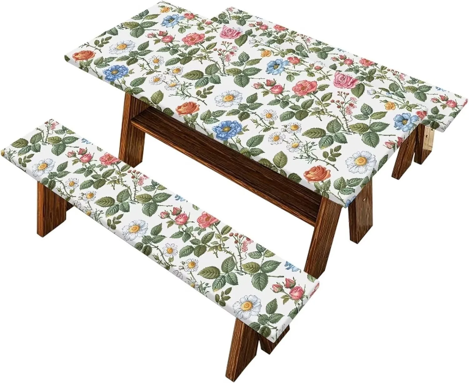 Camping Tablecloth Daisy Rose Aesthetic Soft Waterproof Camping Tablecloth for Picnic Table Elastic Rectangle Picnic Table Covers for Outdoor Camping (72x30 Inch, 3 Pcs)