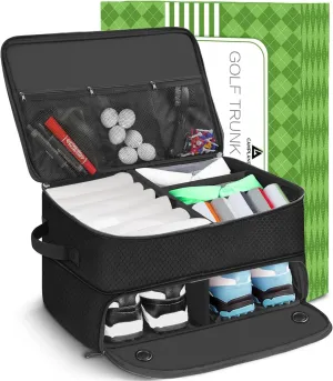 CAMPLAND 2 Layer Golf Trunk Organizer, Waterproof Car Golf Locker for 2 Pair Shoes, Durable Golf Trunk Storage for Balls, Tees, Clothes, Gloves, Accessories, Golf Gifts