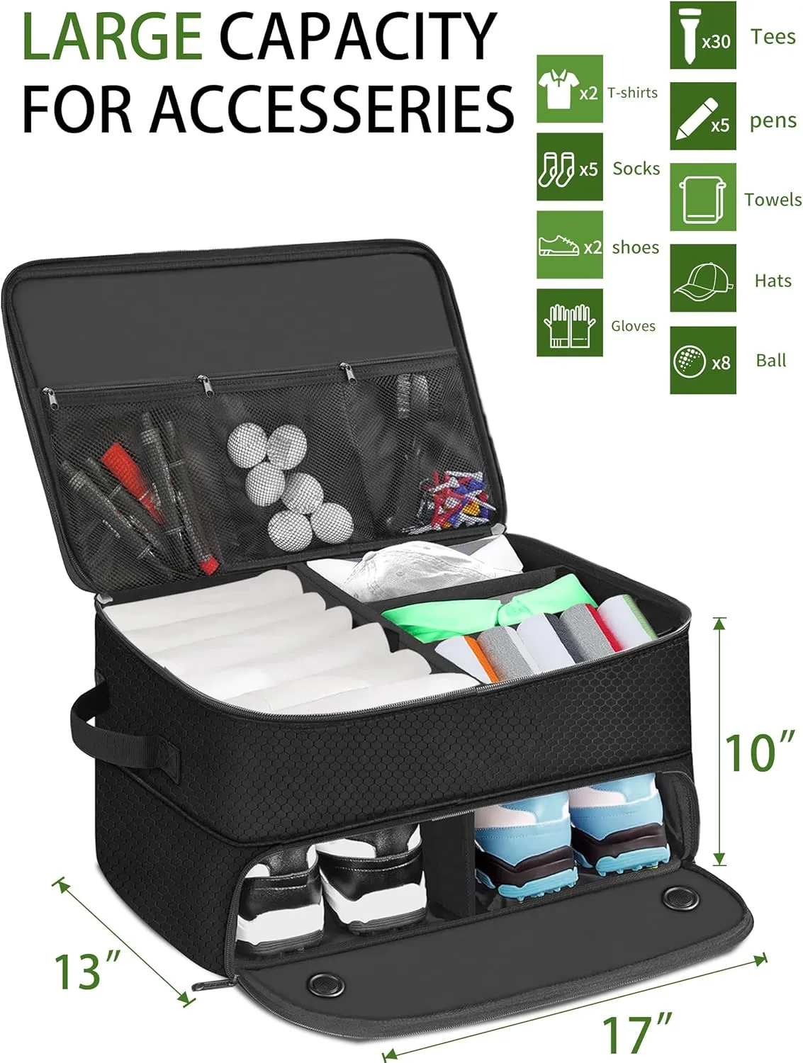 CAMPLAND 2 Layer Golf Trunk Organizer, Waterproof Car Golf Locker for 2 Pair Shoes, Durable Golf Trunk Storage for Balls, Tees, Clothes, Gloves, Accessories, Golf Gifts