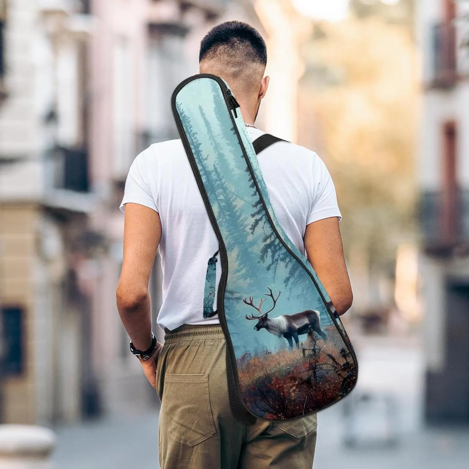 Caribou Tree Forest Ukulele Case, Padded Bag for 23 Inch Concert Ukulele, Waterproof & Durable