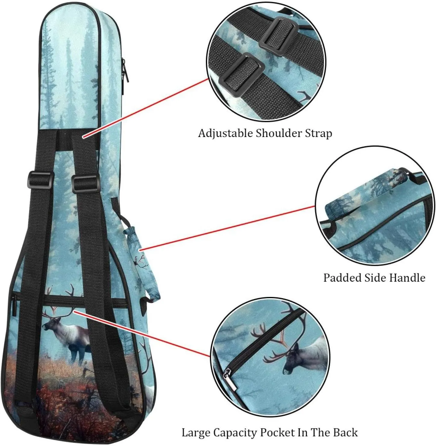 Caribou Tree Forest Ukulele Case, Padded Bag for 23 Inch Concert Ukulele, Waterproof & Durable