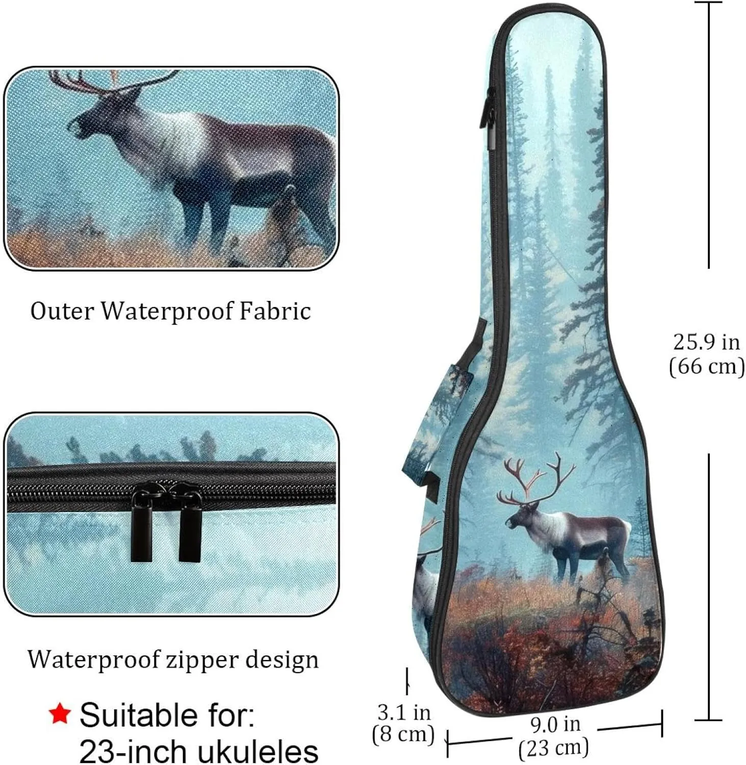 Caribou Tree Forest Ukulele Case, Padded Bag for 23 Inch Concert Ukulele, Waterproof & Durable