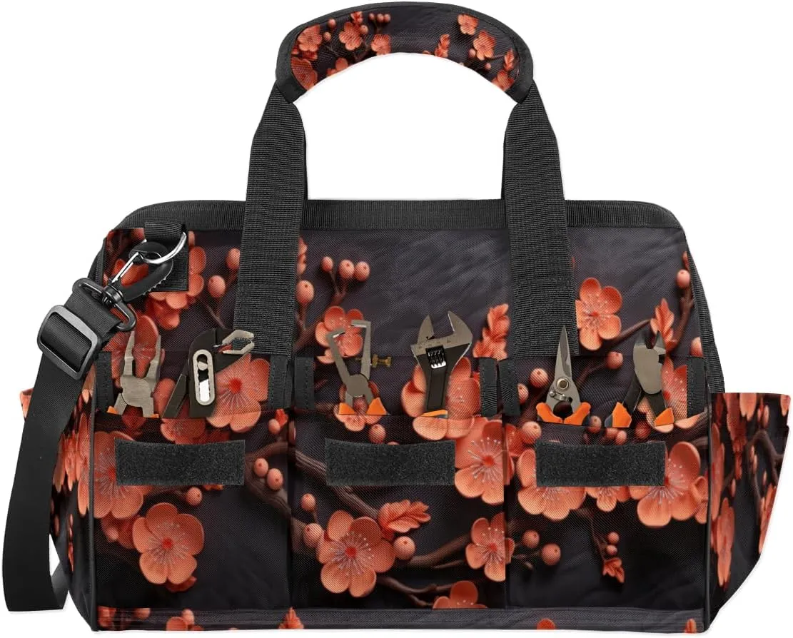 Carving Plum Blossoms Durable Tool Bag for Men with Multiple Pockets - Waterproof Oxford Cloth, Sturdy Zipper, Adjustable Shoulder Strap - Ideal for Woodworking, Maintenance, and Outdoor Activities