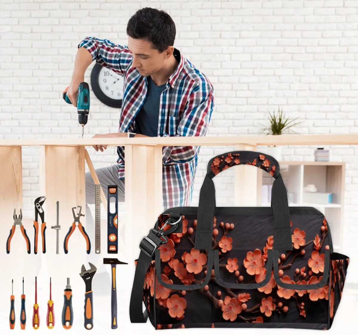 Carving Plum Blossoms Durable Tool Bag for Men with Multiple Pockets - Waterproof Oxford Cloth, Sturdy Zipper, Adjustable Shoulder Strap - Ideal for Woodworking, Maintenance, and Outdoor Activities
