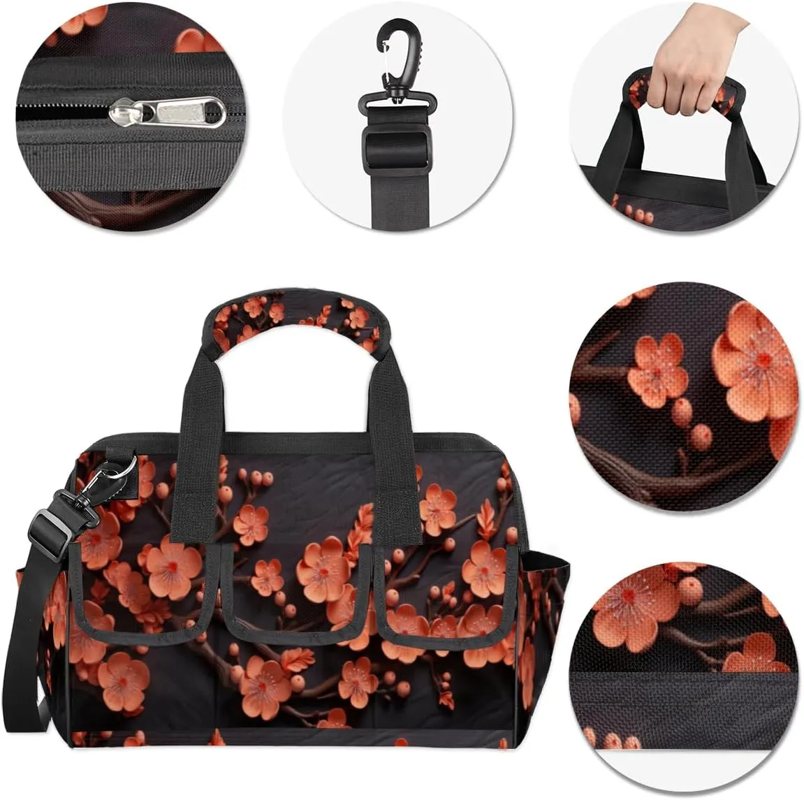 Carving Plum Blossoms Durable Tool Bag for Men with Multiple Pockets - Waterproof Oxford Cloth, Sturdy Zipper, Adjustable Shoulder Strap - Ideal for Woodworking, Maintenance, and Outdoor Activities