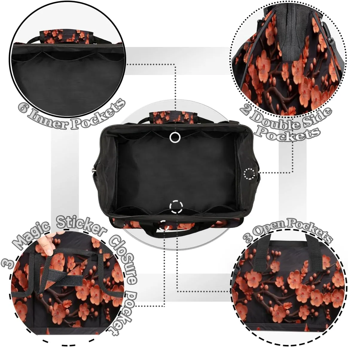 Carving Plum Blossoms Durable Tool Bag for Men with Multiple Pockets - Waterproof Oxford Cloth, Sturdy Zipper, Adjustable Shoulder Strap - Ideal for Woodworking, Maintenance, and Outdoor Activities