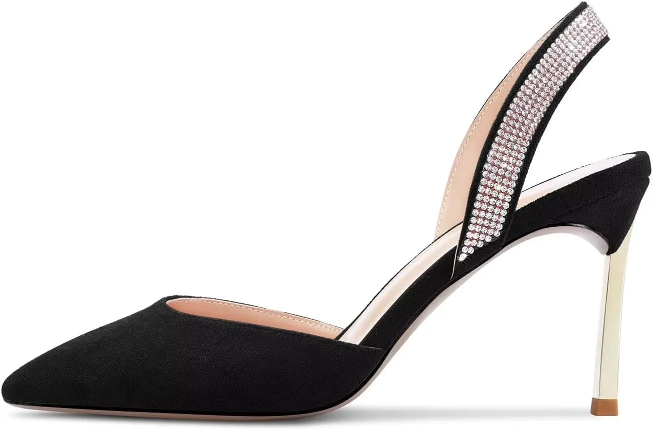 Castamere Women High Stiletto Heel Diamond Crystal Pointed Toe Pumps Slingback Slip-on Suede 8.5 CM Shoes