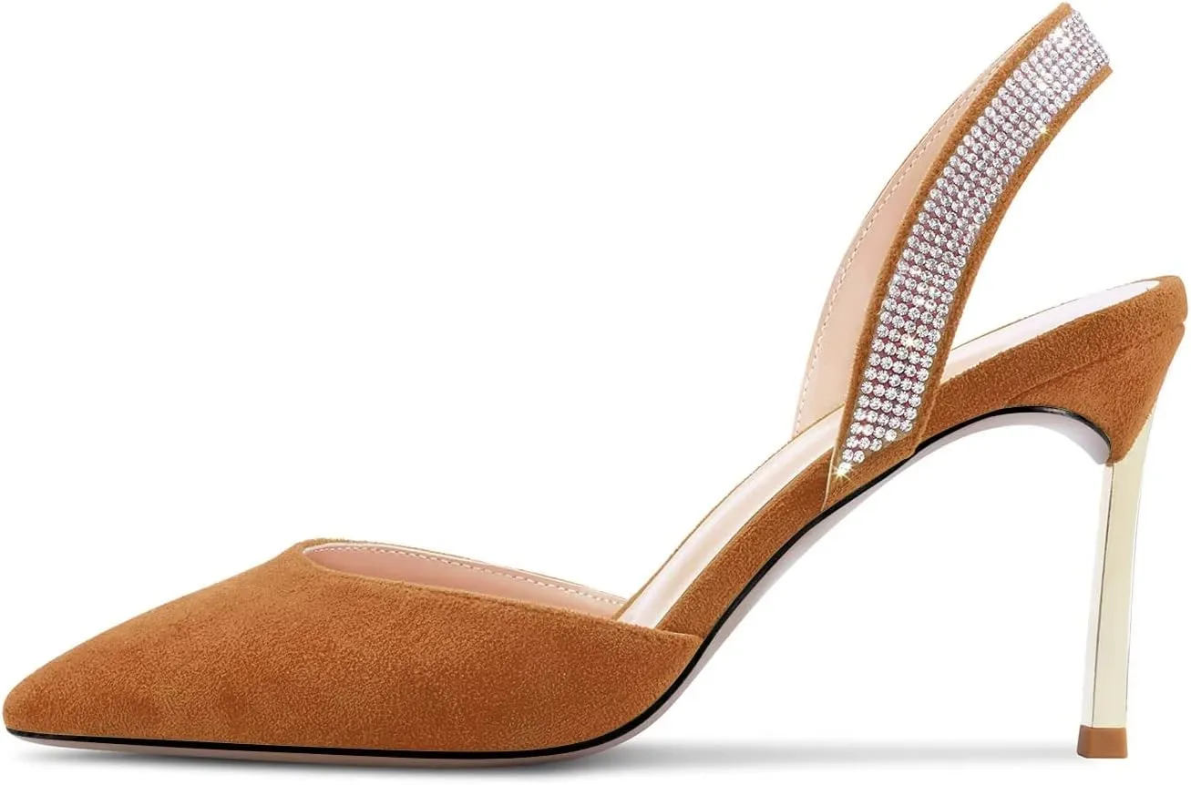 Castamere Women High Stiletto Heel Diamond Crystal Pointed Toe Pumps Slingback Slip-on Suede 8.5 CM Shoes