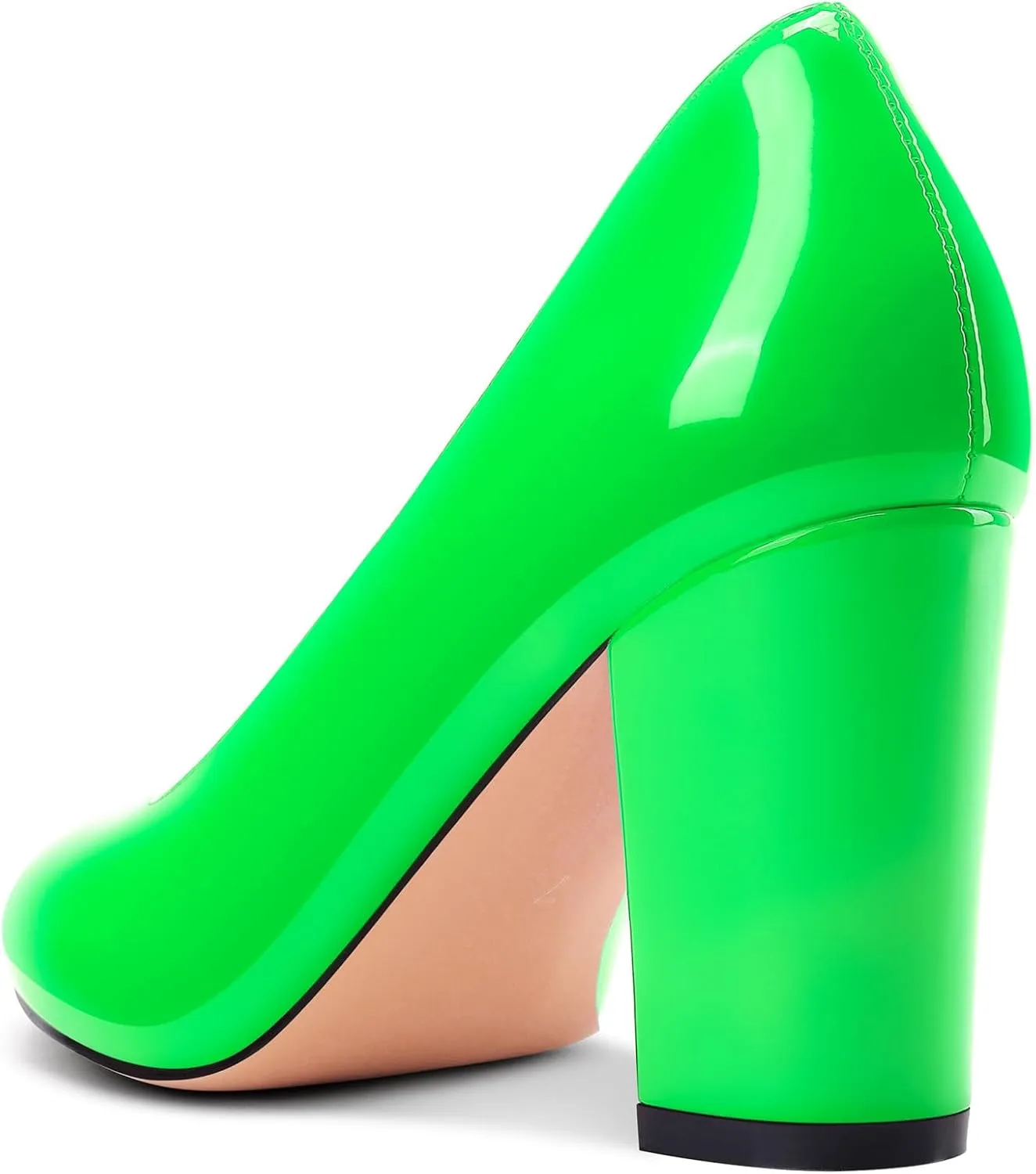 Castamere Womens High Chunky Block Heel Round Toe Pumps Slip-on Prom Dress Patent Leather 3.2 Inches Heels
