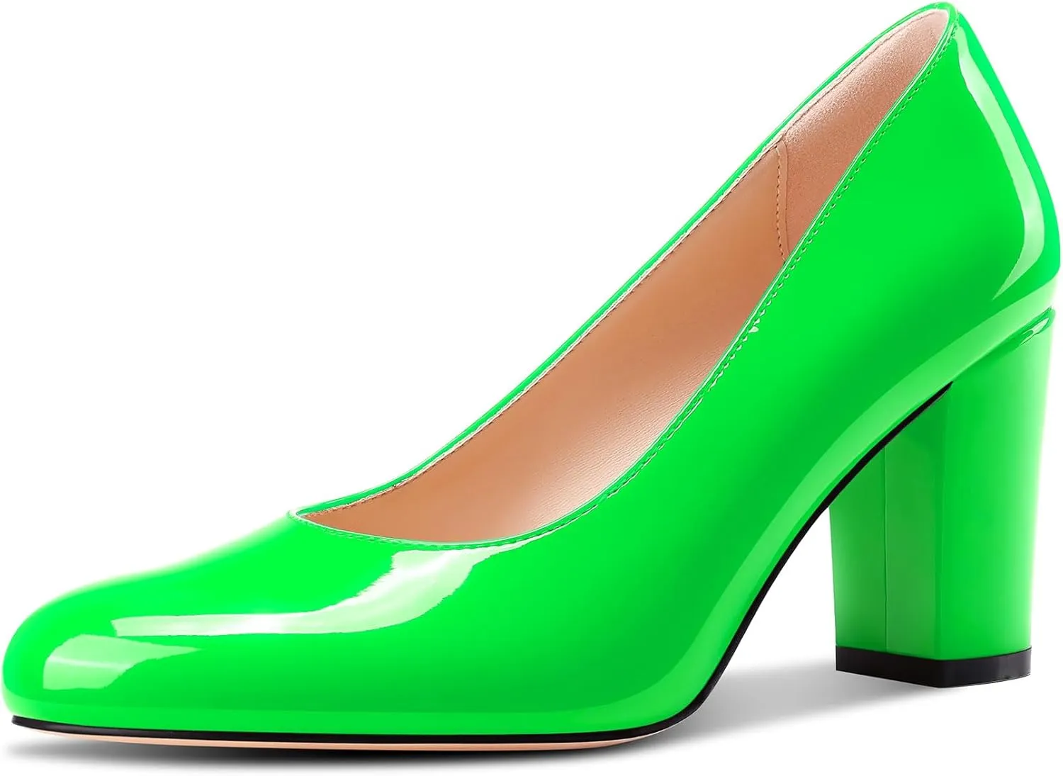 Castamere Womens High Chunky Block Heel Round Toe Pumps Slip-on Prom Dress Patent Leather 3.2 Inches Heels