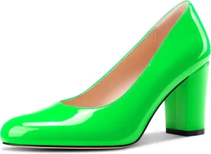 Castamere Womens High Chunky Block Heel Round Toe Pumps Slip-on Prom Dress Patent Leather 3.2 Inches Heels