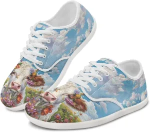 chaqlin Cow Print Shoes for Women Men Wide Round Toe Tennis Sneakers Anti Slip Zero Drop Lace Up Shoe Low Top Sneaker