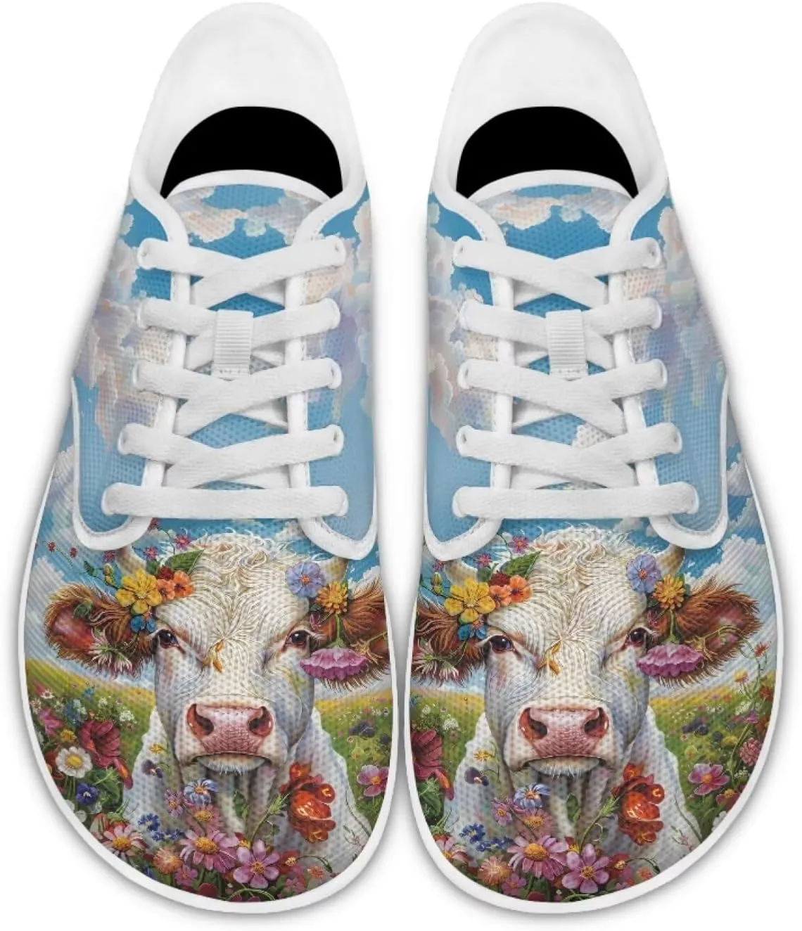 chaqlin Cow Print Shoes for Women Men Wide Round Toe Tennis Sneakers Anti Slip Zero Drop Lace Up Shoe Low Top Sneaker