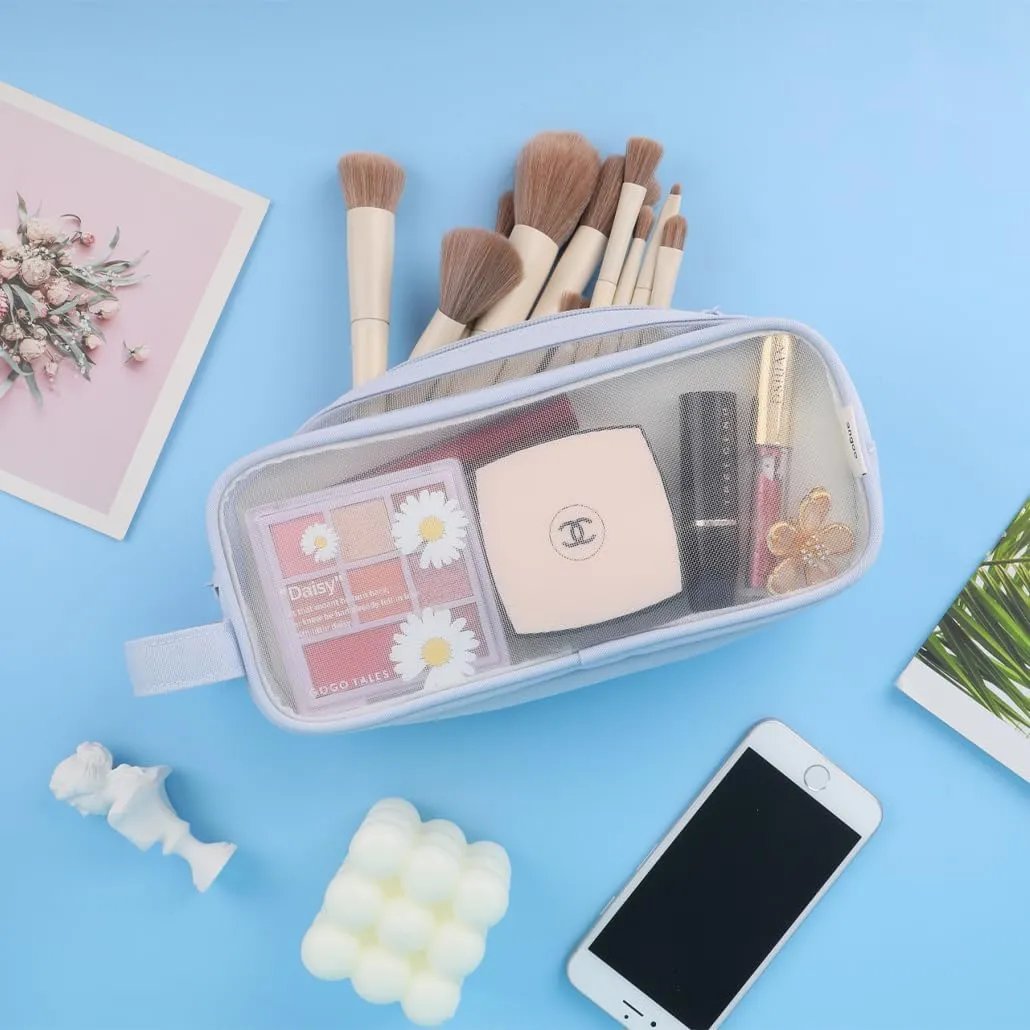 Clear Cosmetic Bag, Travel Makeup Bag, Pencil Case Transparent Pen Case Portable Make Up Organizer for Adult Teen Women Purse for Toiletries Accessories Brushes (Blue)