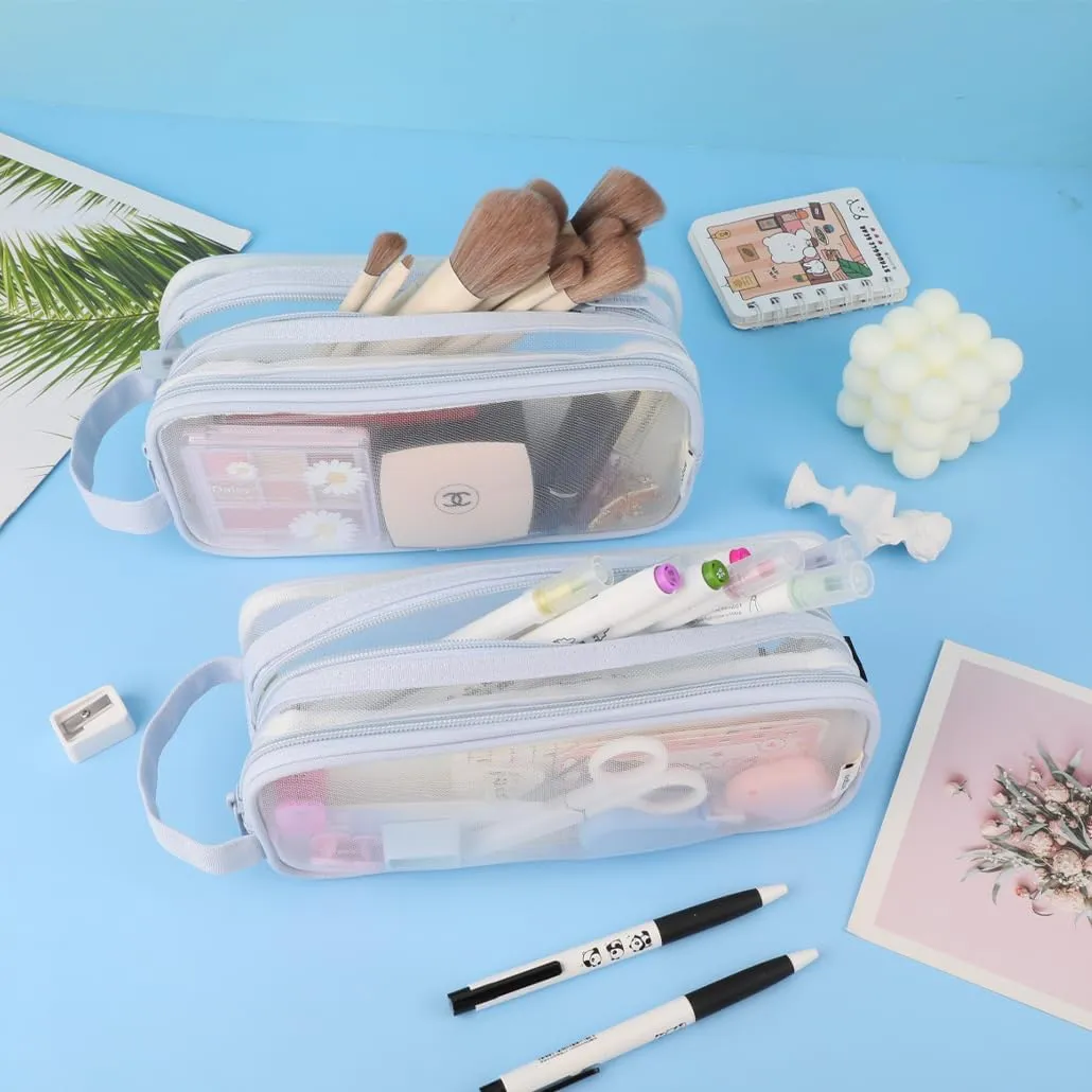 Clear Cosmetic Bag, Travel Makeup Bag, Pencil Case Transparent Pen Case Portable Make Up Organizer for Adult Teen Women Purse for Toiletries Accessories Brushes (Blue)