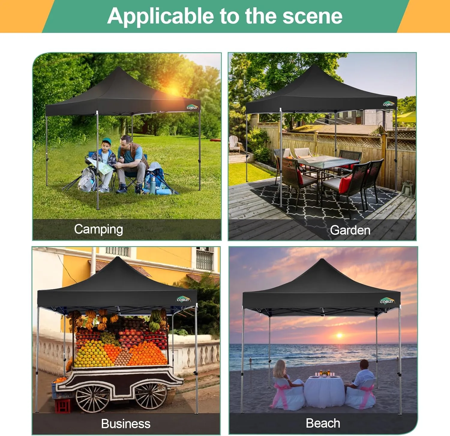 COBIZI 10x10 Pop Up Canopy Tent 10x10 Easy up Canopy, Heavy Duty Outdoor Canopy UPF 50  All Weather Waterproof Instant Party Tents for Parties Gazebo with Handbag, Black(Windproof Upgraded)
