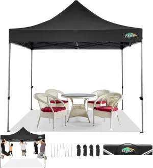 COBIZI 10x10 Pop Up Canopy Tent 10x10 Easy up Canopy, Heavy Duty Outdoor Canopy UPF 50  All Weather Waterproof Instant Party Tents for Parties Gazebo with Handbag, Black(Windproof Upgraded)