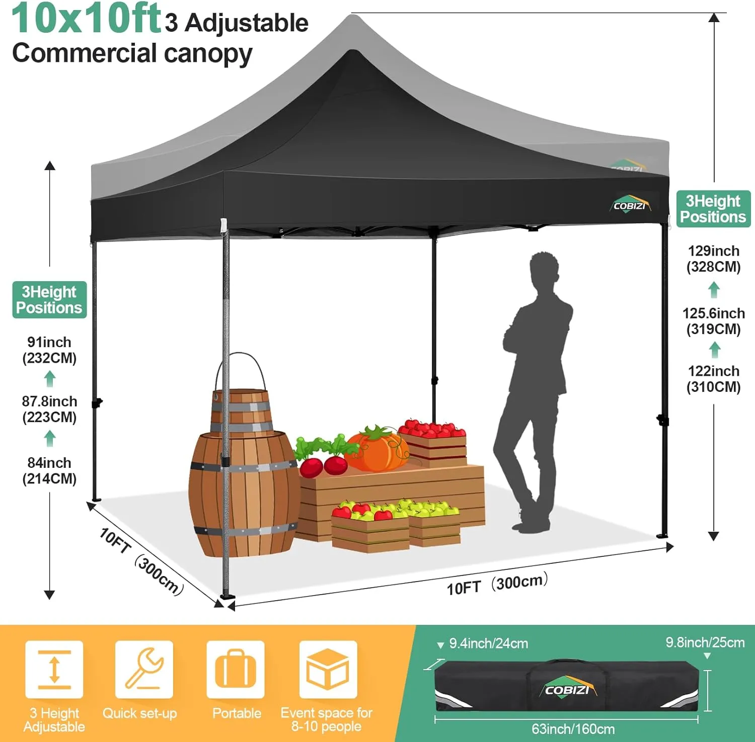 COBIZI 10x10 Pop Up Canopy Tent 10x10 Easy up Canopy, Heavy Duty Outdoor Canopy UPF 50  All Weather Waterproof Instant Party Tents for Parties Gazebo with Handbag, Black(Windproof Upgraded)